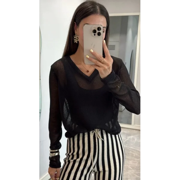 V Yaka uzun Kollu Triko ince Bluz - Siyah