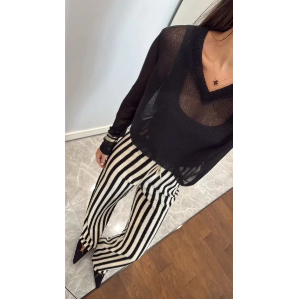 V Yaka uzun Kollu Triko ince Bluz - Siyah