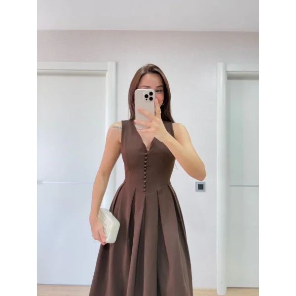 V Yaka Uzun Kolsuz Elbise- Kahverengi