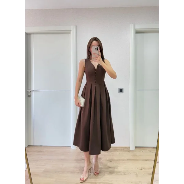 V Yaka Uzun Kolsuz Elbise- Kahverengi