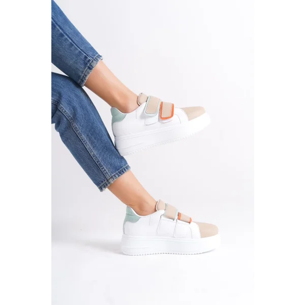 VALENCIA Bağcıksız Cırt Cırtlı Ortopedik Taban Kadın Sneaker Spor Ayakkabı CBT - Beyaz/Ten/Mavi