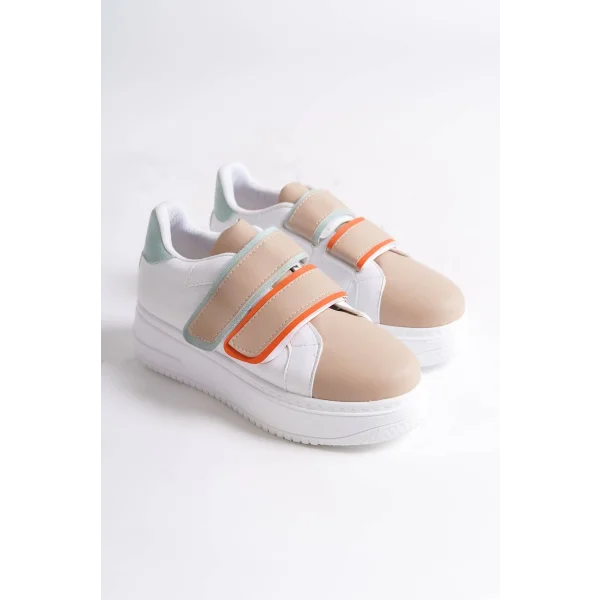 VALENCIA Bağcıksız Cırt Cırtlı Ortopedik Taban Kadın Sneaker Spor Ayakkabı CBT - Beyaz/Ten/Mavi