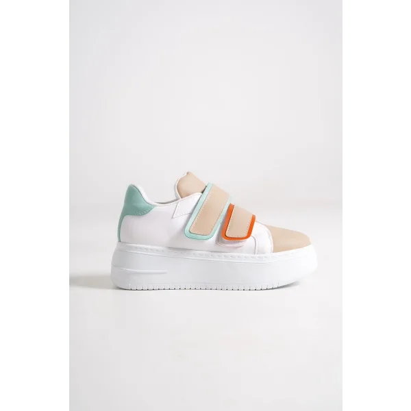 VALENCIA Bağcıksız Cırt Cırtlı Ortopedik Taban Kadın Sneaker Spor Ayakkabı CBT - Beyaz/Ten/Mavi