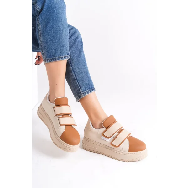 VALENCIA Bağcıksız Cırt Cırtlı Ortopedik Taban Kadın Sneaker Spor Ayakkabı CTT - Ten/Kahve