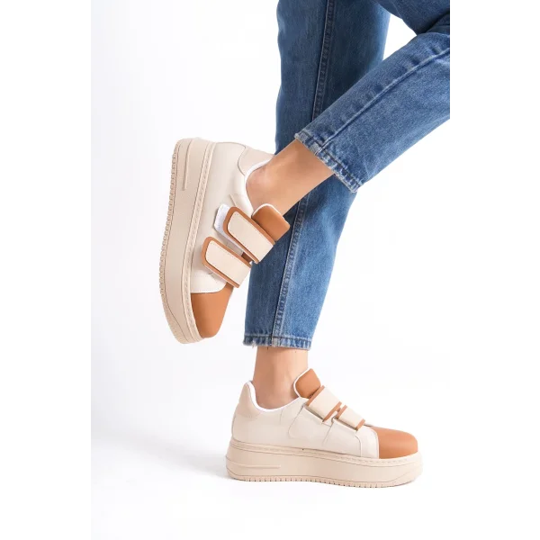 VALENCIA Bağcıksız Cırt Cırtlı Ortopedik Taban Kadın Sneaker Spor Ayakkabı CTT - Ten/Kahve