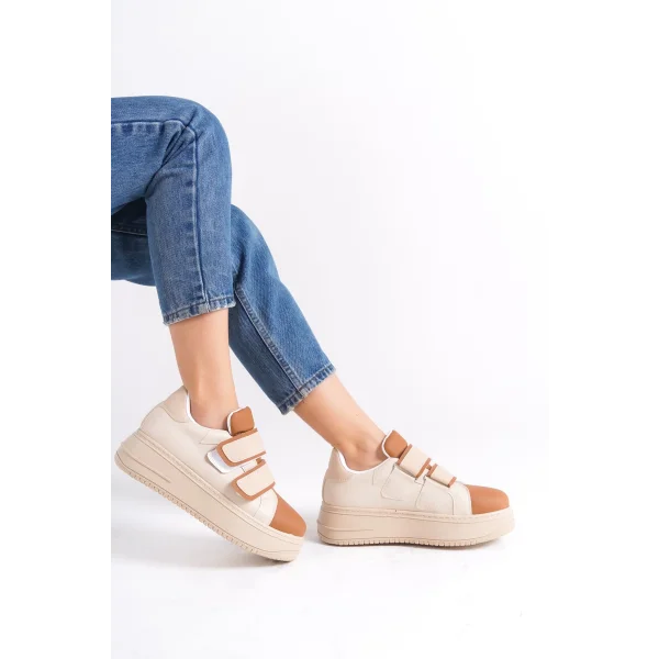 VALENCIA Bağcıksız Cırt Cırtlı Ortopedik Taban Kadın Sneaker Spor Ayakkabı CTT - Ten/Kahve