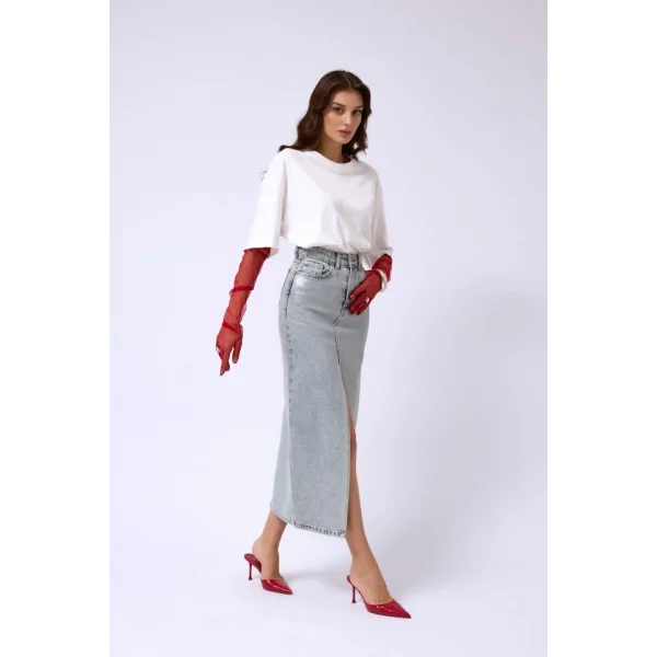 Varak Baskılı Yırtmaçlı Maxi Denim Etek