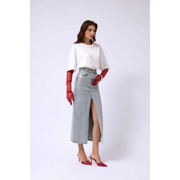 Varak Baskılı Yırtmaçlı Maxi Denim Etek