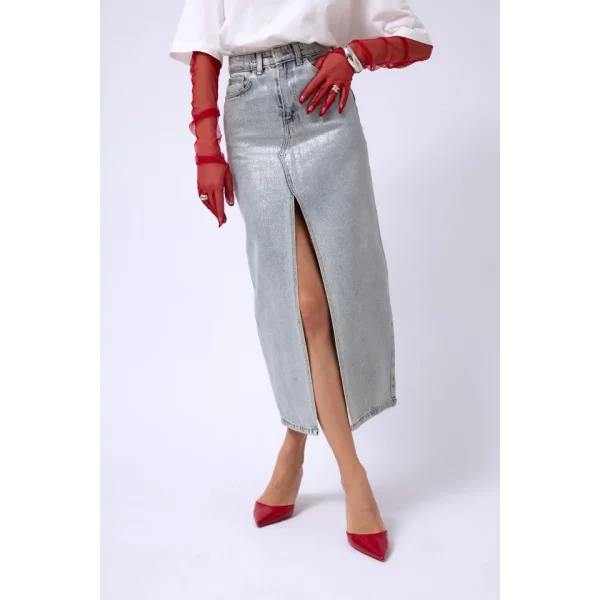 Varak Baskılı Yırtmaçlı Maxi Denim Etek