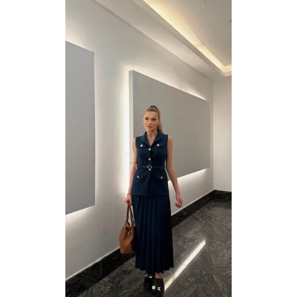 Vatkalı Yelek Etek İkili Takım