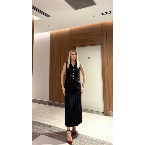 Vatkalı Yelek Etek İkili Takım