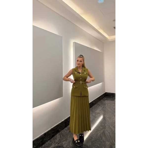 Vatkalı Yelek Etek İkili Takım