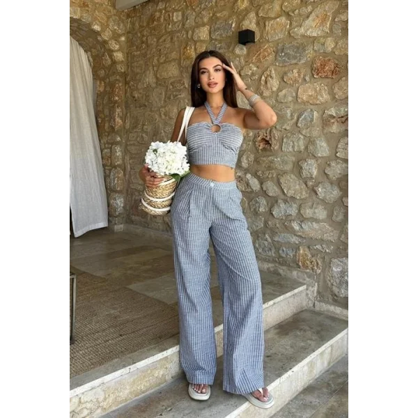 Vesna Keten Çizgili Crop Takım 9806-0025