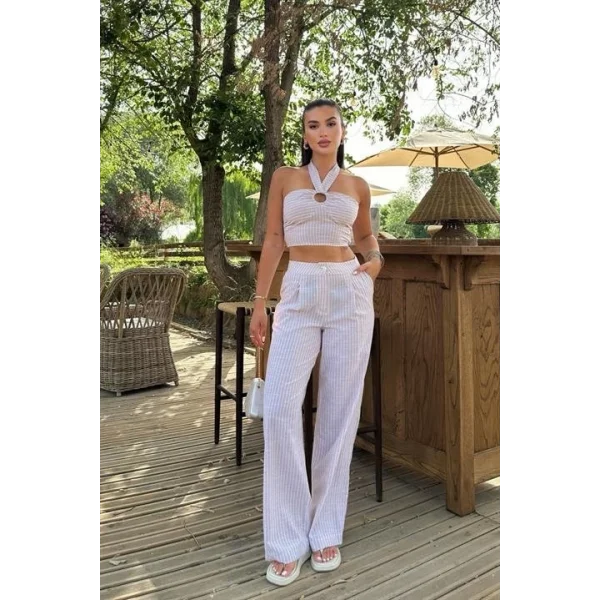 Vesna Keten Çizgili Crop Takım 9806-0025