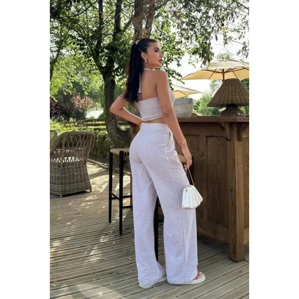Vesna Keten Çizgili Crop Takım 9806-0025