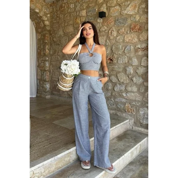 Vesna Keten Çizgili Crop Takım 9806-0025