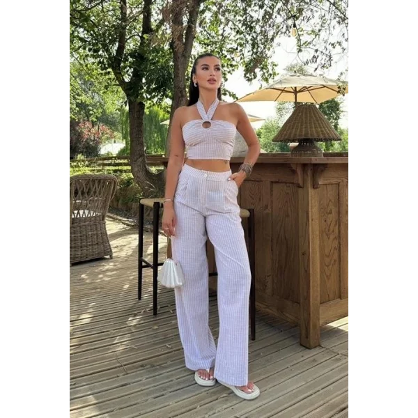 Vesna Keten Çizgili Crop Takım 9806-0025