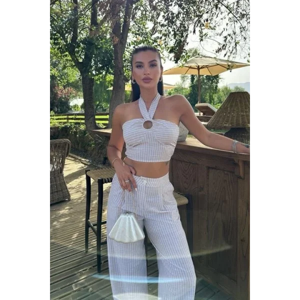 Vesna Keten Çizgili Crop Takım 9806-0025