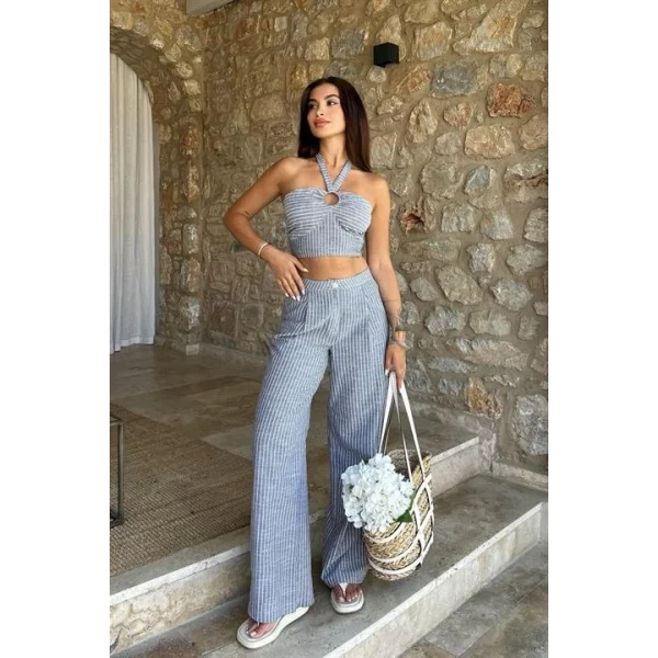 Vesna Keten Çizgili Crop Takım 9806-0025
