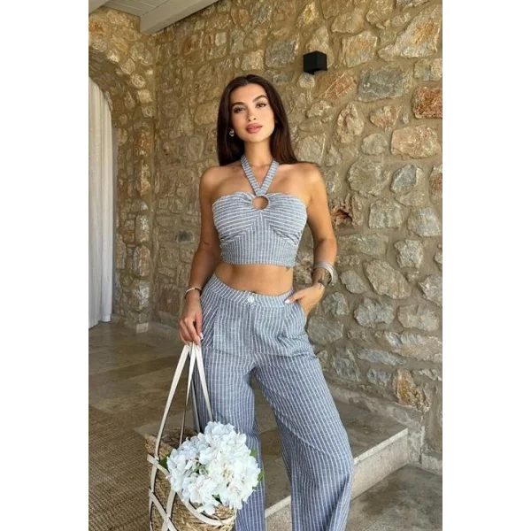 Vesna Keten Çizgili Crop Takım 9806-0025