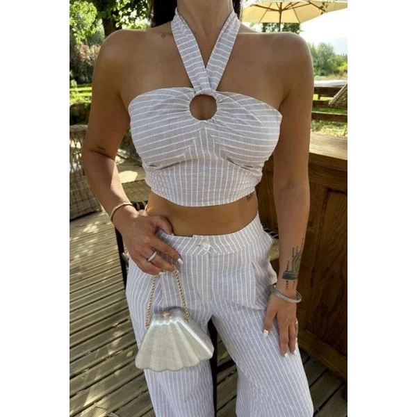 Vesna Keten Çizgili Crop Takım 9806-0025