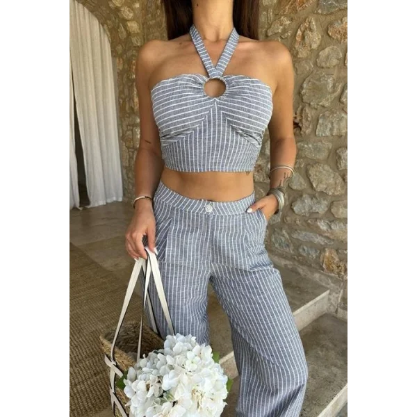 Vesna Keten Çizgili Crop Takım 9806-0025