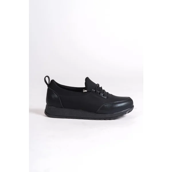 VIOLET Bağcıklı Lastikli Ortopedik Rahat Taban Cilt Detaylı Klasik Kadın Babet Anne Ayakkabısı CST - Siyah