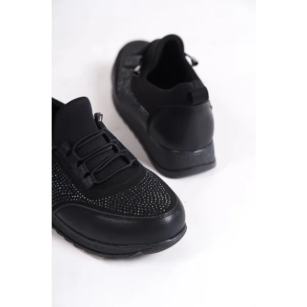 VIOLET Bağcıklı Lastikli Ortopedik Rahat Taban Taş Detaylı Klasik Kadın Babet Anne Ayakkabısı  CST - Siyah