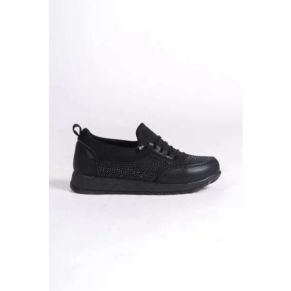 VIOLET Bağcıklı Lastikli Ortopedik Rahat Taban Taş Detaylı Klasik Kadın Babet Anne Ayakkabısı  CST - Siyah