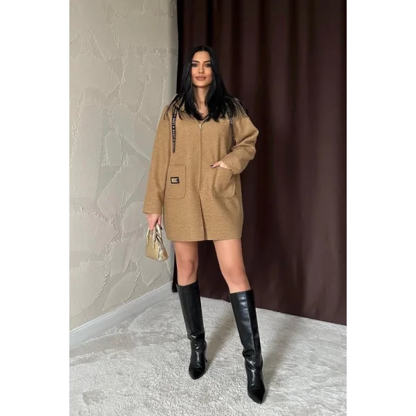 Vizon Armalı Kapşonlu Peluş Ceket