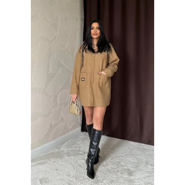 Vizon Armalı Kapşonlu Peluş Ceket