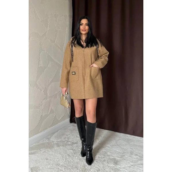 Vizon Armalı Kapşonlu Peluş Ceket