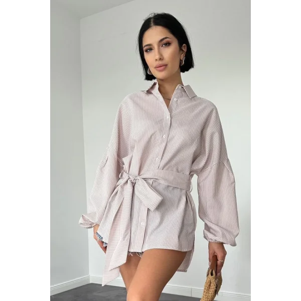 Vizon Çizgili Poplin Kuşaklı Gömlek