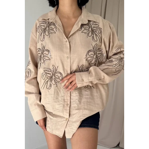 Vizon Flamlı Keten Nakışlı Pullu Gömlek