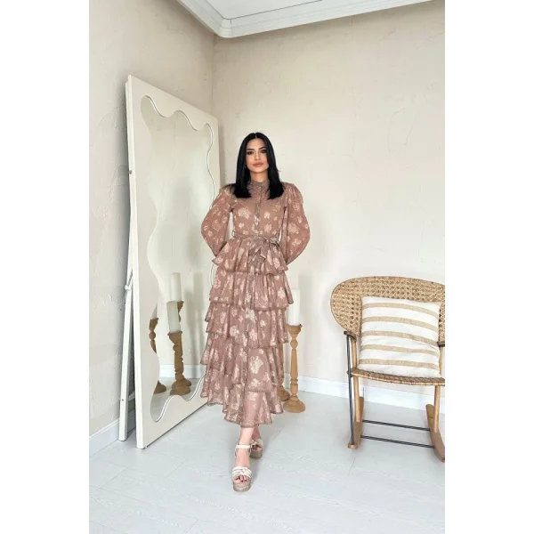 Vizon Valonlu Şeritli Kat Kat Elbise