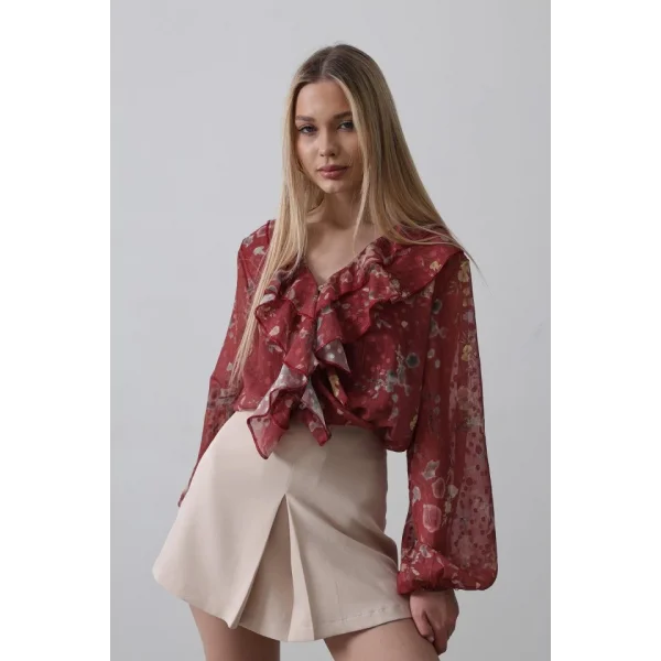 Volanlı Çiçek Desen Şifon Gömlek - Bordo