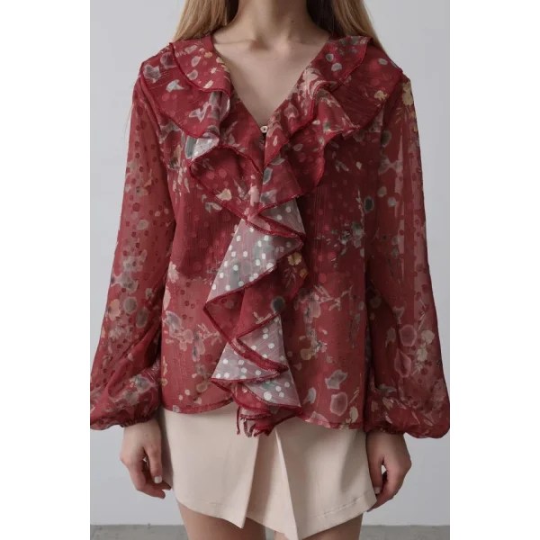 Volanlı Çiçek Desen Şifon Gömlek - Bordo
