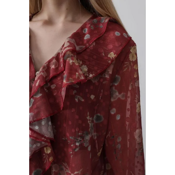 Volanlı Çiçek Desen Şifon Gömlek - Bordo