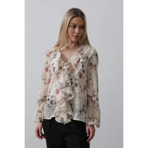 Volanlı Çiçek Desen Şifon Gömlek - Krem