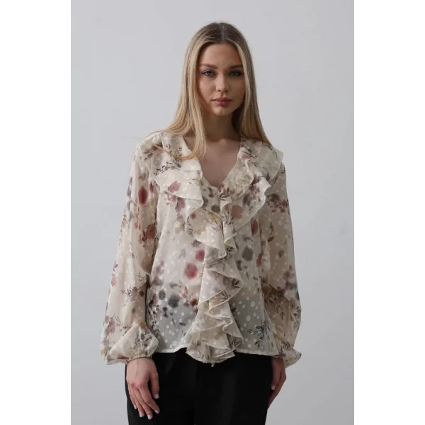 Volanlı Çiçek Desen Şifon Gömlek - Krem