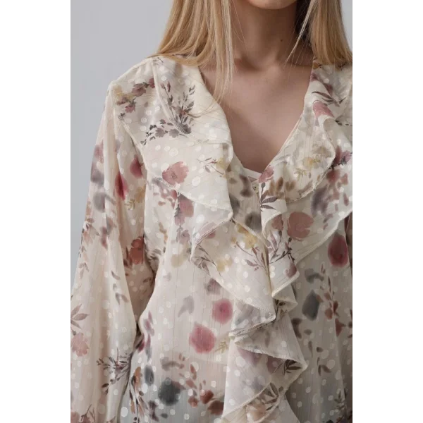 Volanlı Çiçek Desen Şifon Gömlek - Krem
