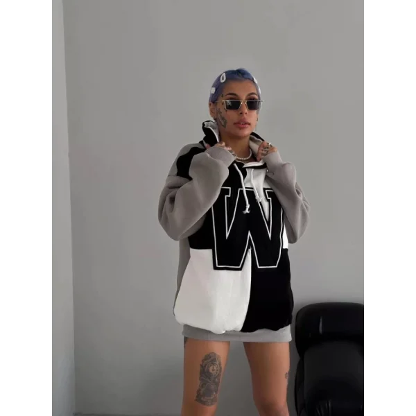 W Nakış İşlemeli Kapüşonlu Sweatshirt - Siyah