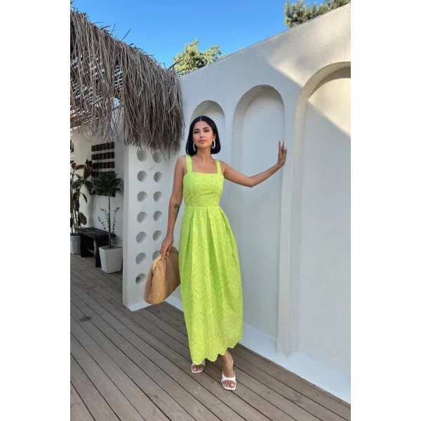 Yağ Yeşili Askılı Aparatlı Brode Elbise