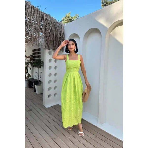 Yağ Yeşili Askılı Aparatlı Brode Elbise