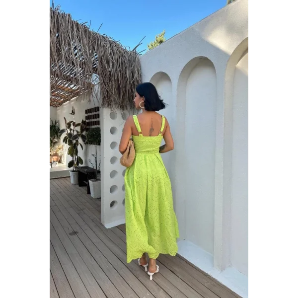 Yağ Yeşili Askılı Aparatlı Brode Elbise