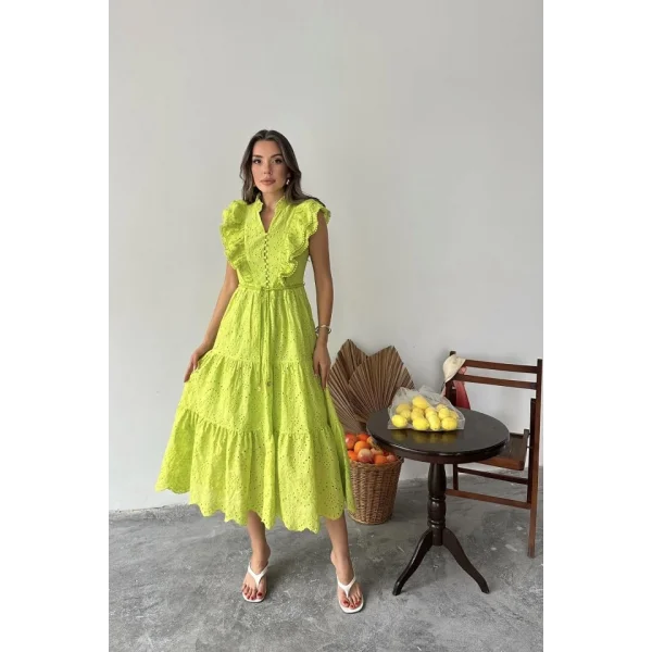 Yağ Yeşili Fırfırlı Düğmeli Elbise