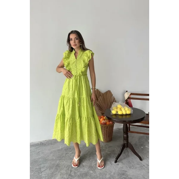 Yağ Yeşili Fırfırlı Düğmeli Elbise