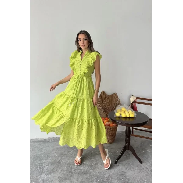 Yağ Yeşili Fırfırlı Düğmeli Elbise