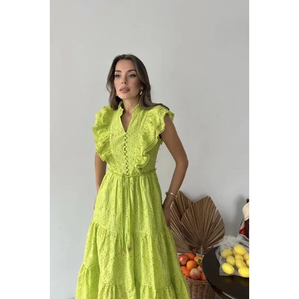 Yağ Yeşili Fırfırlı Düğmeli Elbise