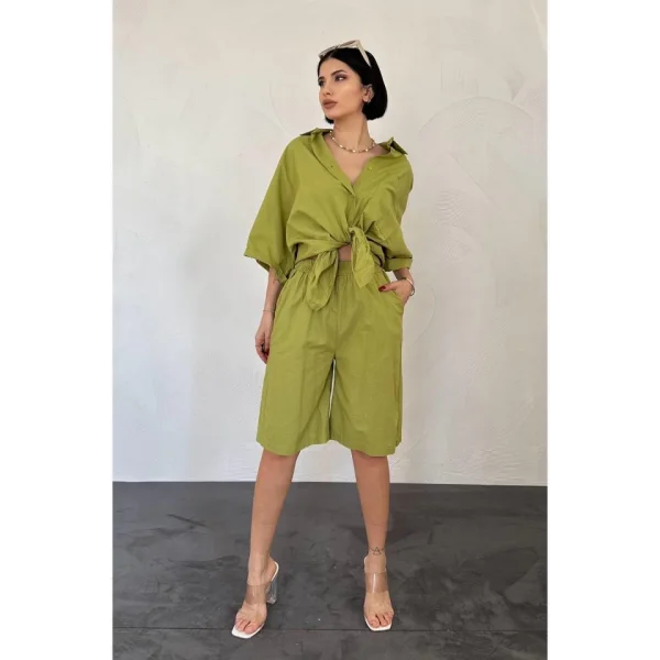 Yağ Yeşili Kısa Kollu Keten Gömlek Ve Şort Takım